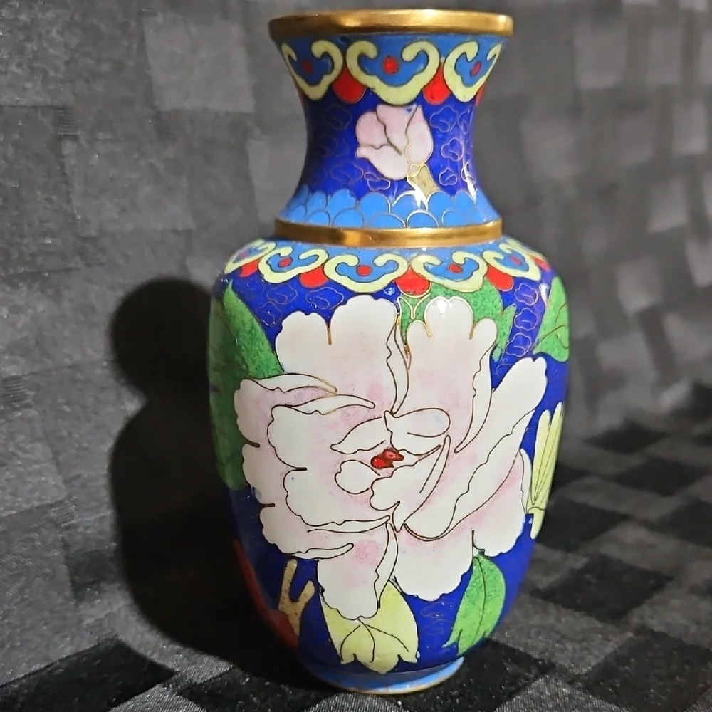 Vtg Chinese Cloisonne Enamel Cobalt Blue Pink Peony Red Bird Floral Vase